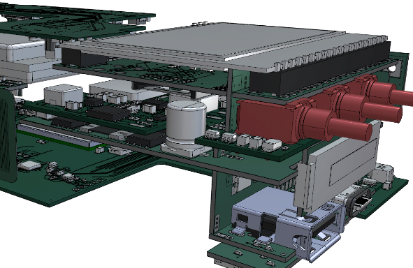 a 3D render of PCBs in a complex arrangement